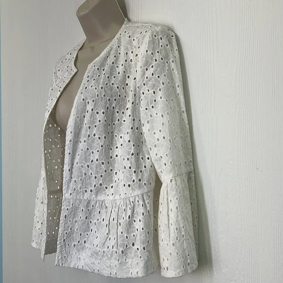 Zara - Embroidered White Open Front Ruffle With Bell Sleeves Jacket Size Medium - Picture 7 of 14